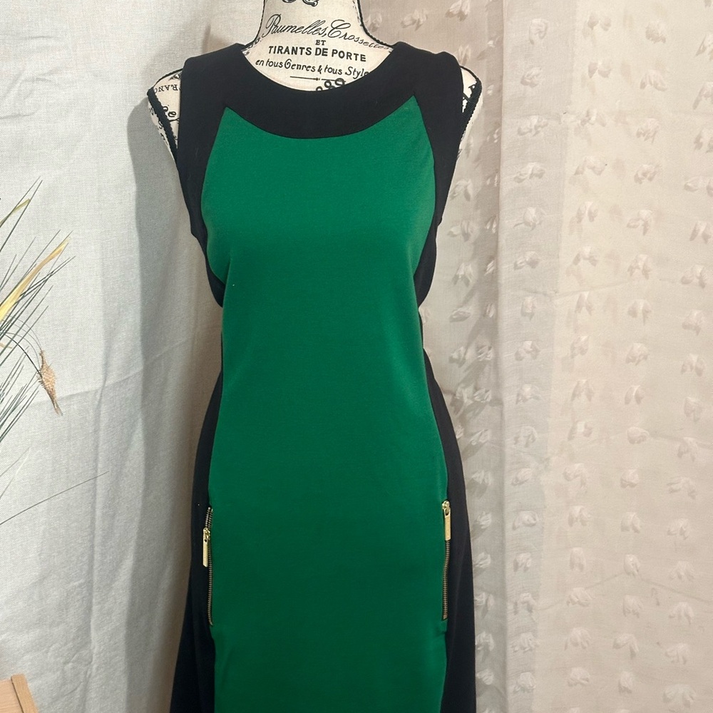 Michael Kors Green and Black Sleeveless Sheath Dress with Gold Zips